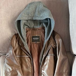 Men's Faux-Leather Detachable-Hood Motorcycle Jacket
